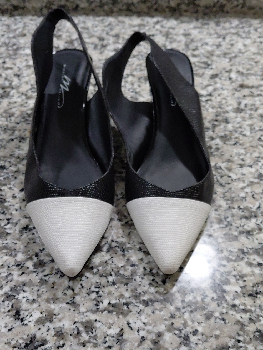 Midnight Velvet Two-Tone Pointed Slingback Flats in Black and White 11M Heel 1.5